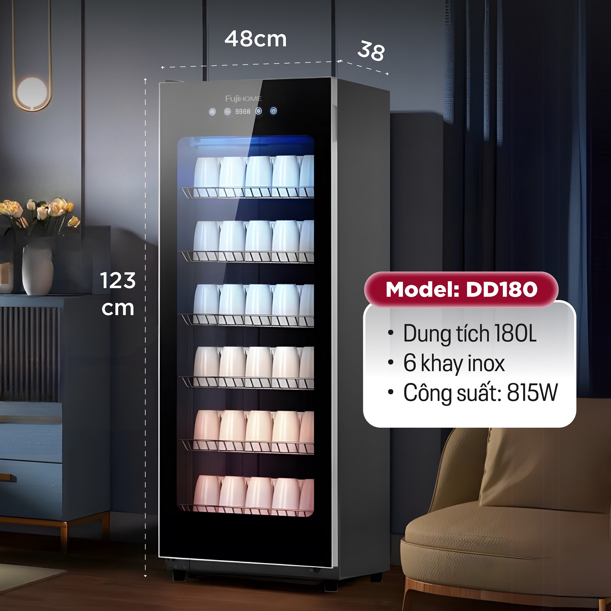 Tủ sấy khử trùng bát đĩa UV+Ozone dung tích lớn Fujihome DD180