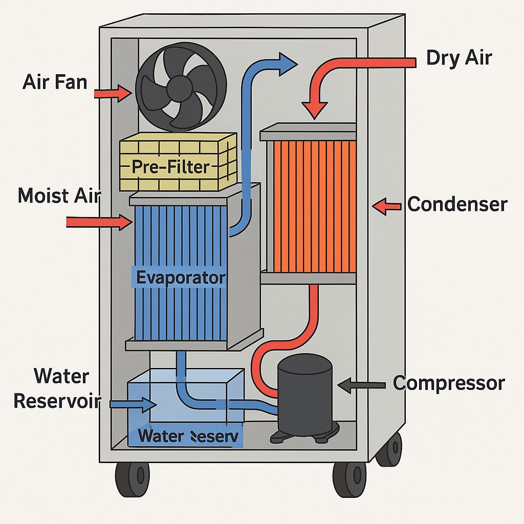Nguyên lý hoạt động của máy hút ẩm công nghiệp dùng máy nén